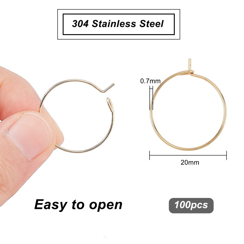UNICRAFTALE 100pcs 0.79"/20mm Metal Stainless Steel Hoop Earring Golden Wine Glass Charm Rings 0.03"/0.7mm Pin Small Earring Beading Hoop for Women Dangle Hoops Earrings Making - Image 3